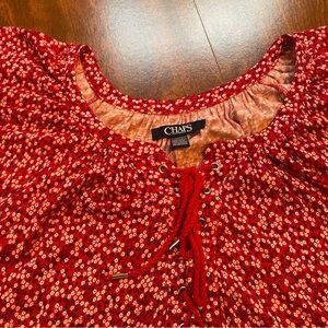 Chaps Plus 3X Red Print Lace-Up Stretchy Knit Tunic Top w/Flutter Short Sleeves